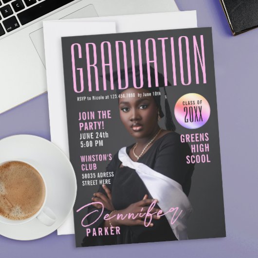Modern Magazine Pink Graduation School Bachelor Kaart