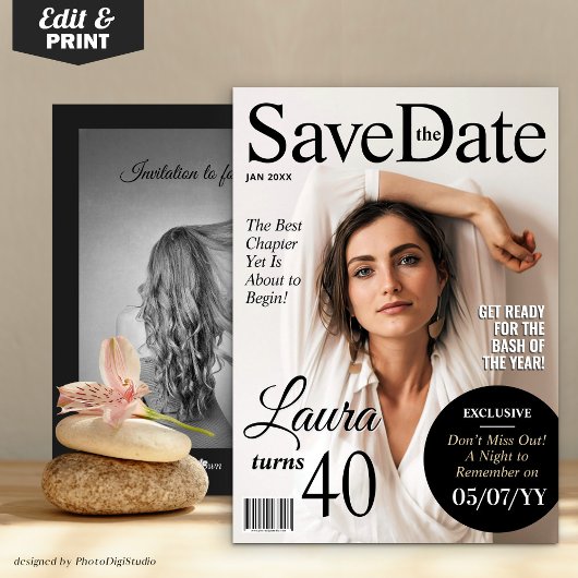 Modern Magazine Verjaardag Save the Date Uitnodige Feestdagenkaart
