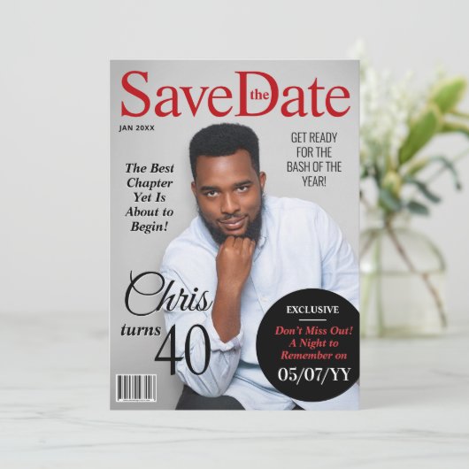 Modern Magazine Verjaardag Save the Date Uitnodige Feestdagenkaart (Staand voorkant)