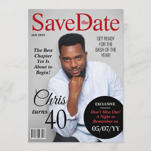 Modern Magazine Verjaardag Save the Date Uitnodige Feestdagenkaart (Voorkant)