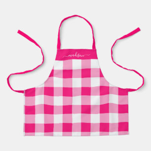 Modern magenta gingham script naam schort