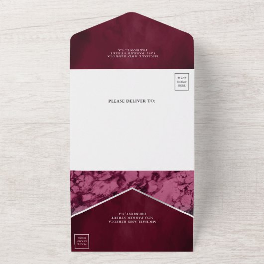 Modern Magenta Marble Blauwgroen Glitter Wedding All In One Uitnodiging (Buitenkant)