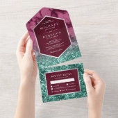 Modern Magenta Marble Blauwgroen Glitter Wedding All In One Uitnodiging (Afscheurbaar)