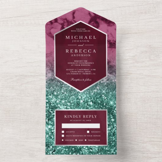 Modern Magenta Marble Blauwgroen Glitter Wedding All In One Uitnodiging (Binnen)