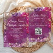 Modern Magenta Plum Gold QR code Wedding Kaart