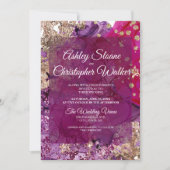 Modern Magenta Plum Gold QR code Wedding Kaart (Voorkant)