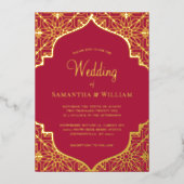 Modern Magenta Red Gold Wedding Folie Uitnodiging (Voorkant)