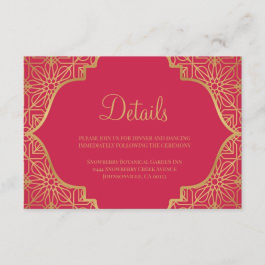 Modern Magenta Red Gold Wedding Informatiekaartje (Voorkant)