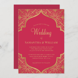 Modern Magenta Red Gold Wedding Kaart