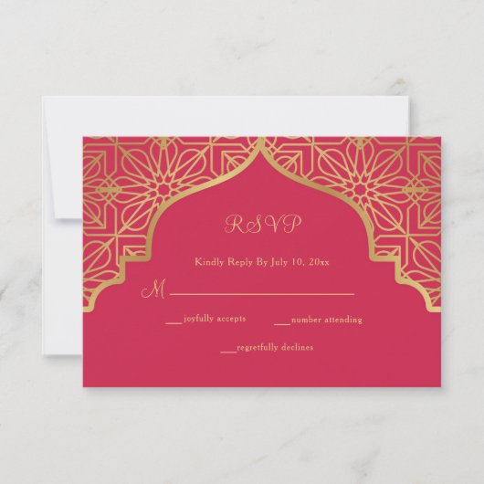Modern Magenta Red Gold Wedding RSVP Kaartje (Voorkant)