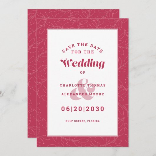 Modern Magenta Red Pattern Wedding Verloving Save The Date (Voorkant / Achterkant)