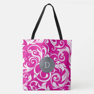 Modern Magenta Roze Grijs Bloembehang Monogram Tote Bag