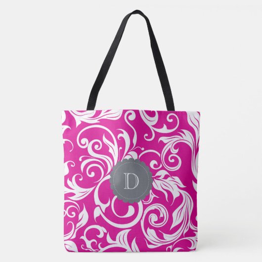 Modern Magenta Roze Grijs Bloembehang Monogram Tote Bag (Voorkant)