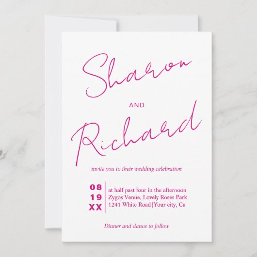 Modern magenta roze script kalligrafie bruiloft kaart (Voorkant)