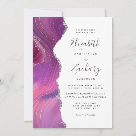 Modern Magenta Silver Agate Wedding Kaart (Voorkant)