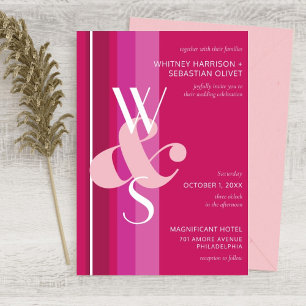 Modern Magenta Stripe Monogram Ampersand Wedding Kaart