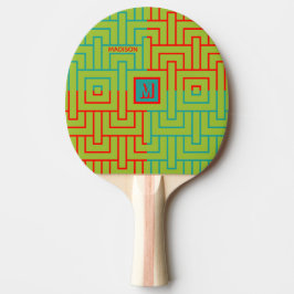Modern Magneta Green Geometric Pattern Monogram Tafeltennisbatje