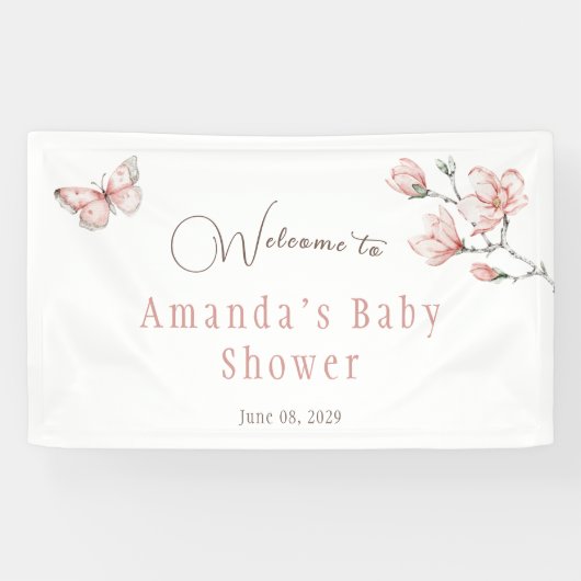 Modern Magnolia Blush Pink Butterfly Baby shower Spandoek (Horizontaal)
