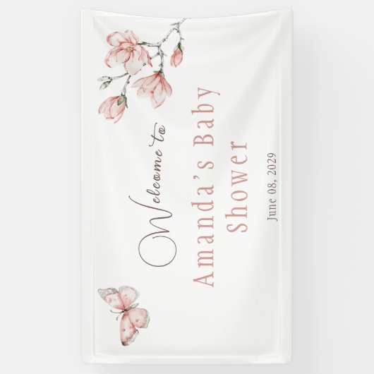 Modern Magnolia Blush Pink Butterfly Baby shower Spandoek (Verticaal)