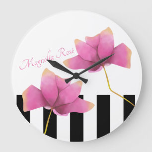 Modern Magnolia-Roos met zwarte en witte strepen Grote Klok