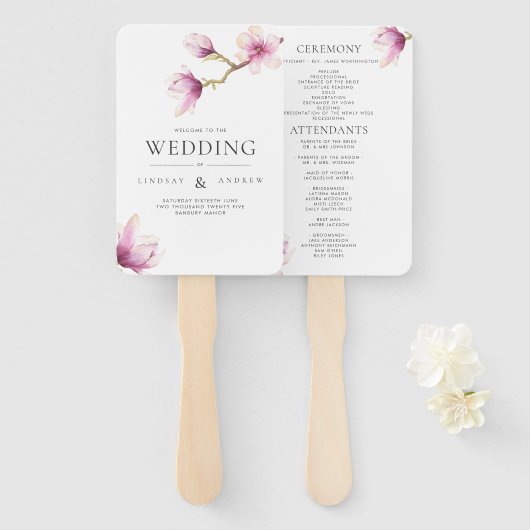Modern Magnolia Wedding Programme Hand Fan Handwaaier (Voorkant en achterkant)