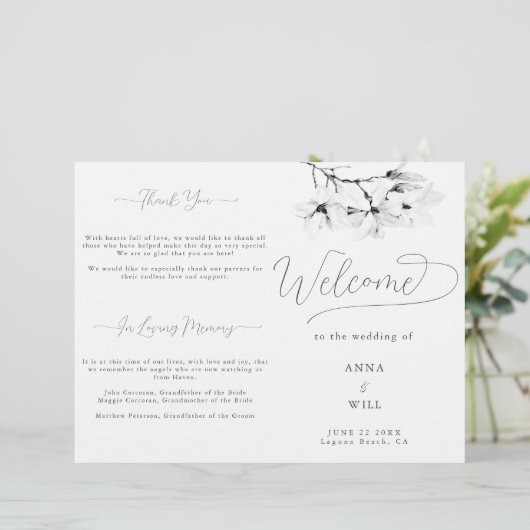 Modern Magnolia Zwart Wit Classy Trouwprogramma (Staand voorkant)