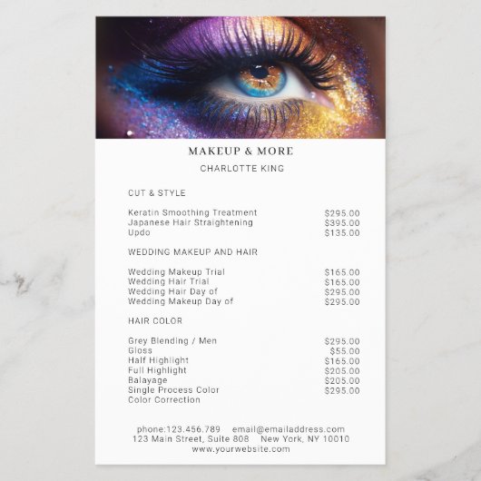 Modern, Make-up Foto Glitter Salon Prijslijst  Flyer (Voorkant)