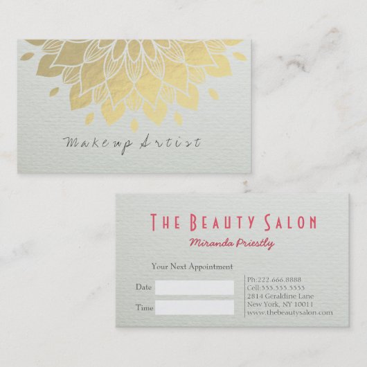 Modern Makeup Artist Elegant Faux Gold Foil Floral Afsprakenkaartje (Voorkant / Achterkant)