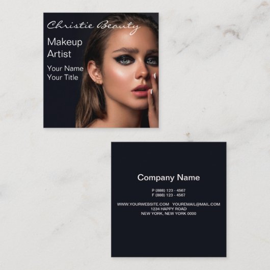 Modern Makeup Artist klantfoto elegant script Vierkante Visitekaartje (Voorkant / Achterkant)