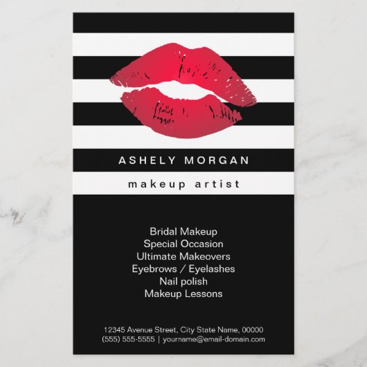 Modern Makeup Red Lips - Chic Black White Stripes Flyer (Voorkant)