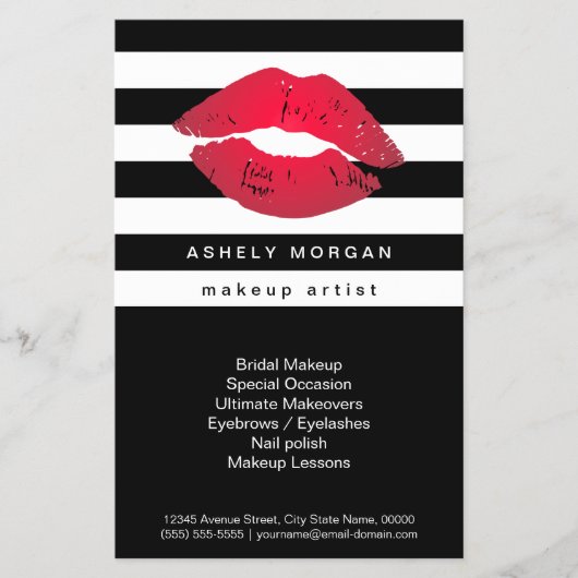 Modern Makeup Red Lips - Chic Black White Stripes Flyer (Voorkant)