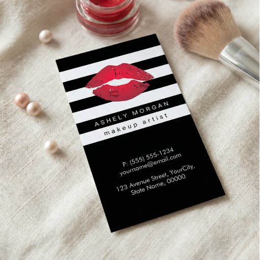 Modern Makeup Red Lips - Chic Black White Stripes Visitekaartje