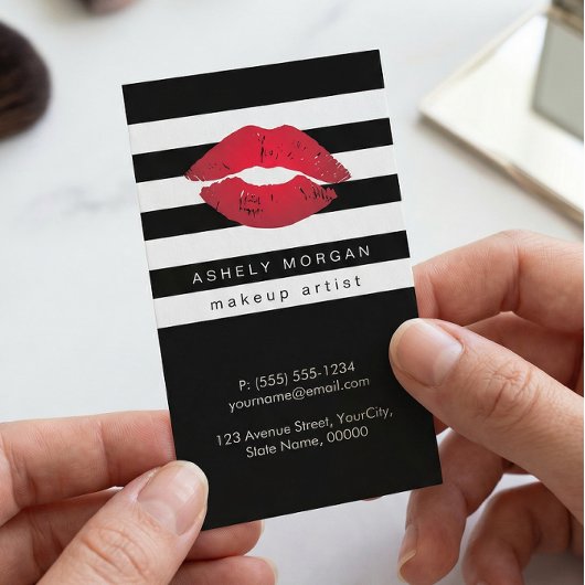 Modern Makeup Red Lips - Chic Black White Stripes Visitekaartje