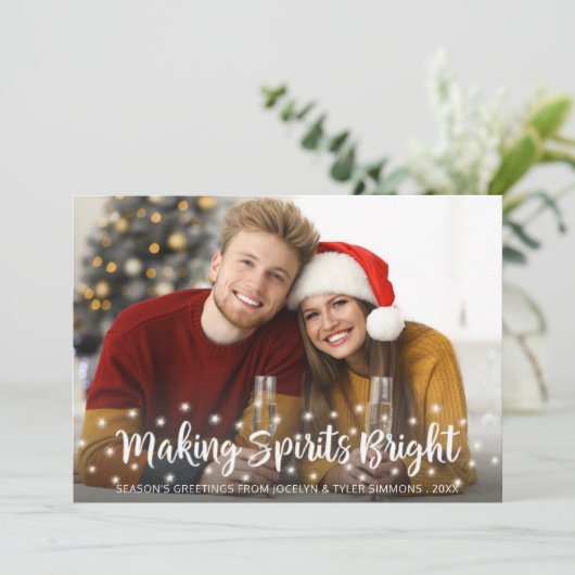 Modern MAKING SPIRITS BRIGHT Script Twinkle Lights Feestdagenkaart (Staand voorkant)