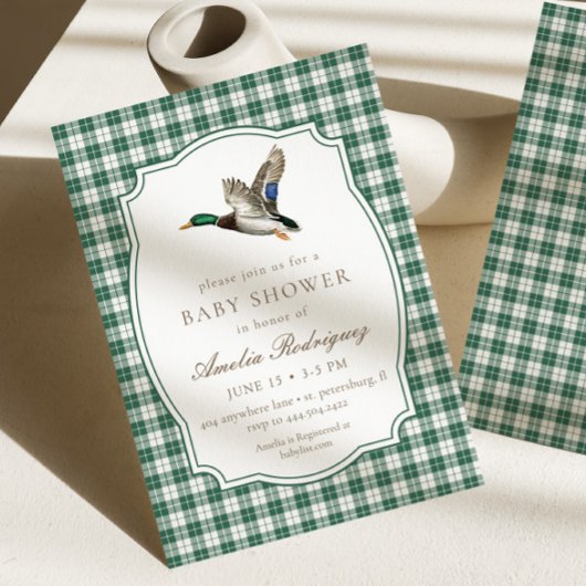 Modern Mallard Duck Neutral Gingham Baby Shower Kaart