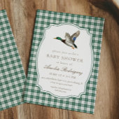 Modern Mallard Duck Neutral Gingham Baby Shower Kaart