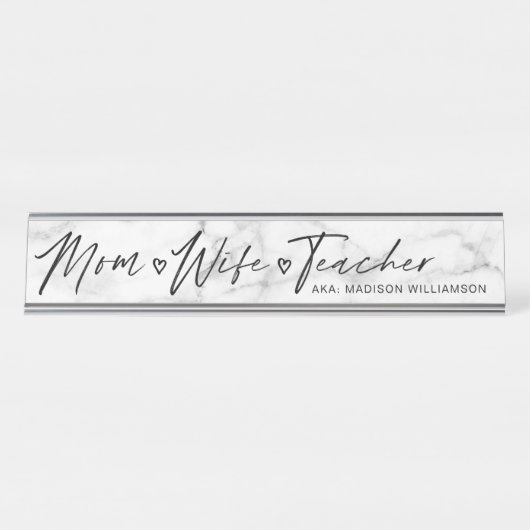 Modern mam, vrouw, leraar wit en grijs marmer bureau naambordje (Voorkant)