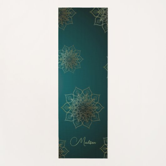 Modern Mandala Flower Dark Green Gold Name Yogamat (Voorkant)