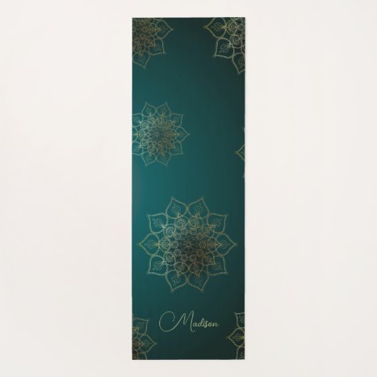 Modern Mandala Flower Dark Green Gold Name Yogamat (Achterkant)
