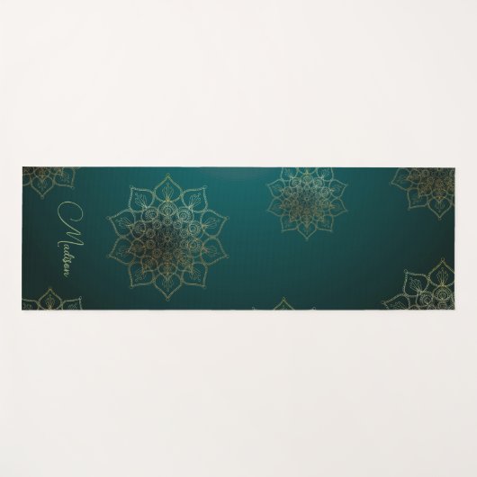 Modern Mandala Flower Dark Green Gold Name Yogamat (Voorkant (horizontaal))