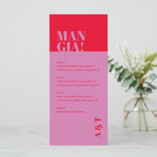 Modern Mangia Italiaanse roze rode bruiloft Menu (Staand voorkant)
