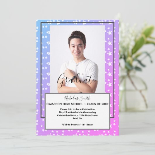 MODERN MANNELIJK AFSTUDEERDER BLUE STARS | AFSTUDE KAART (Staand voorkant)