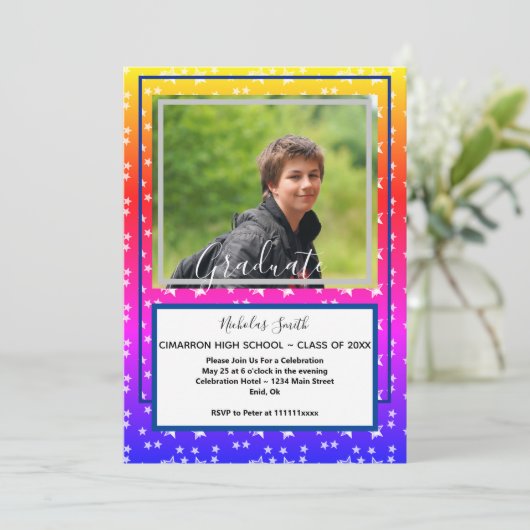 MODERN MANNELIJKE AFSTUDEERDER STARS BLUE | GRADUT KAART (Staand voorkant)