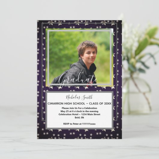 MODERN MANNELIJKE AFSTUDEERDER STARS BLUE | GRADUT KAART (Staand voorkant)