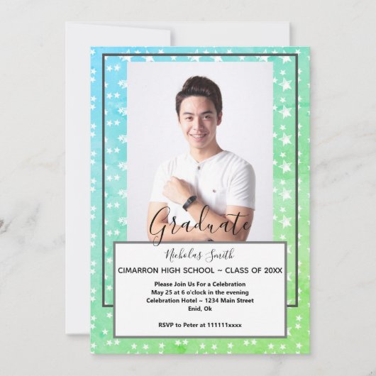 MODERN MANNELIJKE AFSTUDEERDERS GROEN STARS | GRAD KAART (Voorkant)