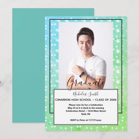 MODERN MANNELIJKE AFSTUDEERDERS GROEN STARS | GRAD KAART (Voorkant / Achterkant)