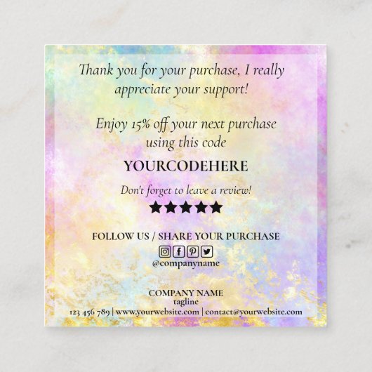 modern manuscript holographic dank u voor uw orde vierkante visitekaartje (Achterkant)