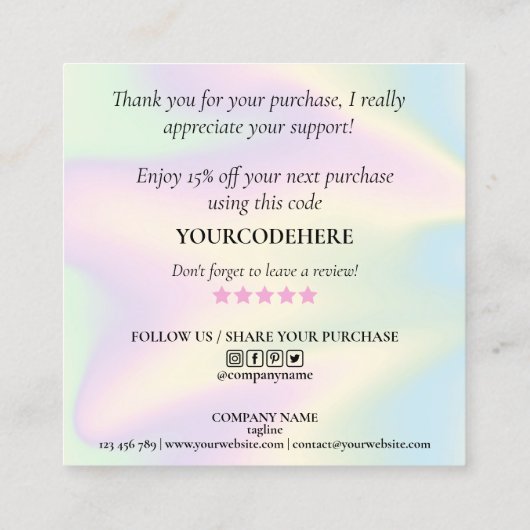 modern manuscript holographic dank u voor uw orde vierkante visitekaartje (Achterkant)