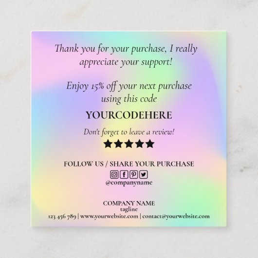 modern manuscript holographic dank u voor uw orde vierkante visitekaartje (Achterkant)