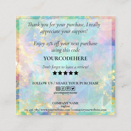 modern manuscript holographic dank u voor uw orde vierkante visitekaartje (Achterkant)